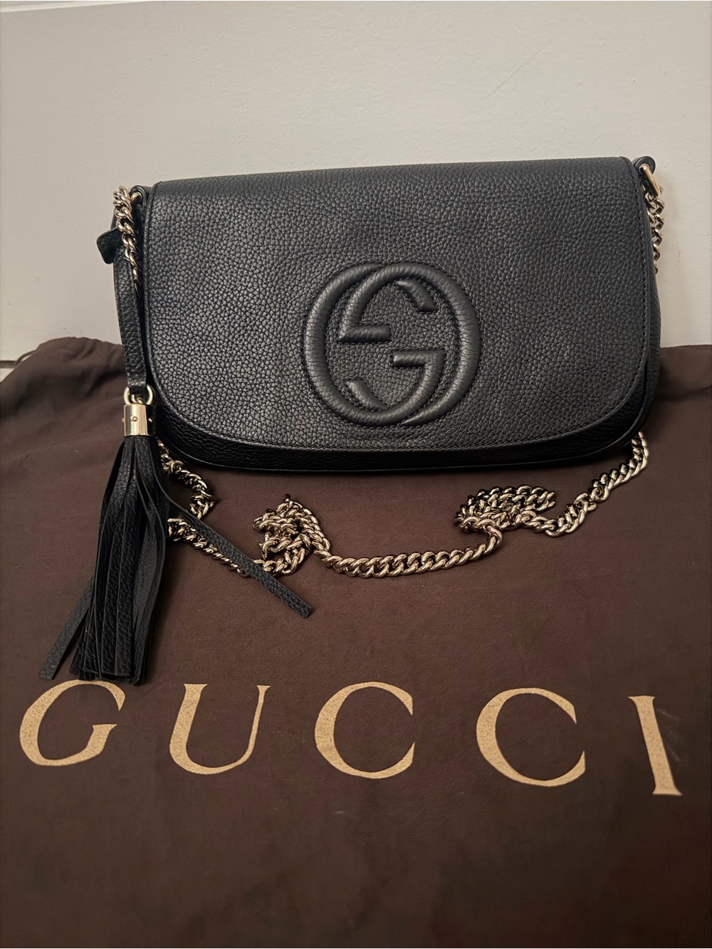 Gucci Black Pebble Leather Soho Flap Bag